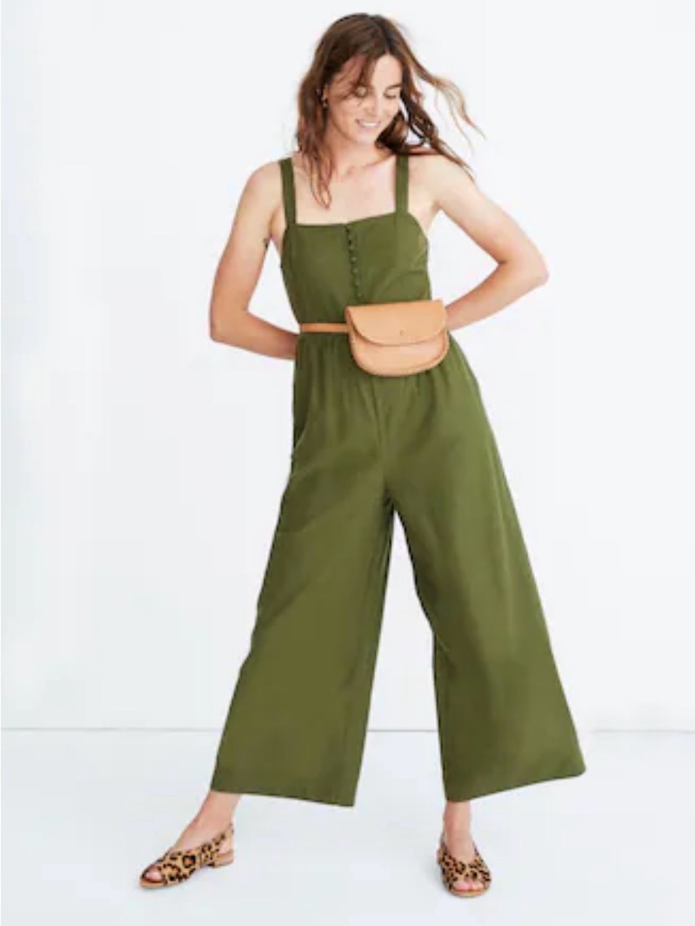 Madewell Olive Green Linen Wide-Leg Button-Front Jumpsuit SZ. 6